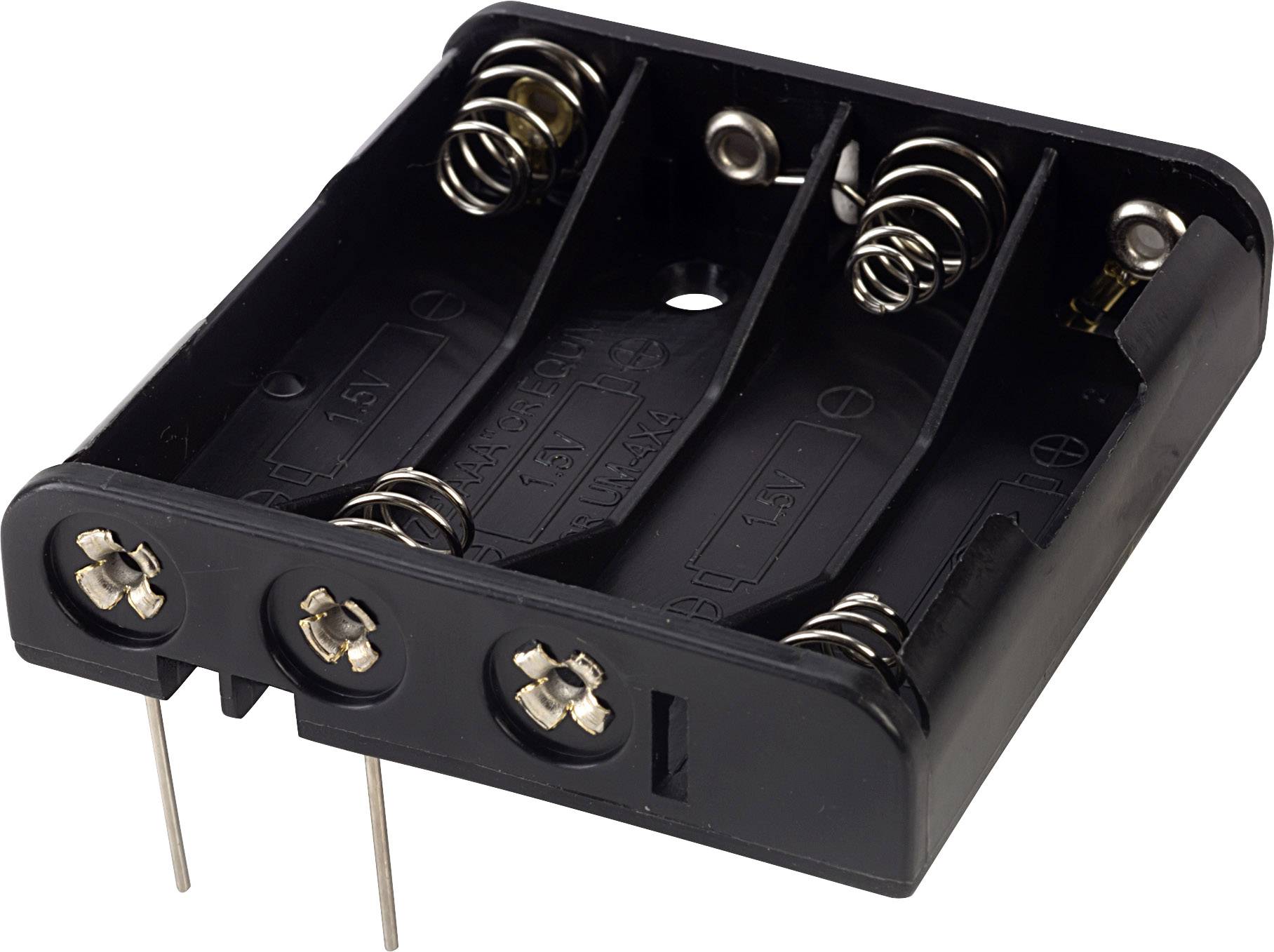 Un support de batterie noir pour quatre piles AA, équipé de deux broches métalliques pour la connexion électrique.