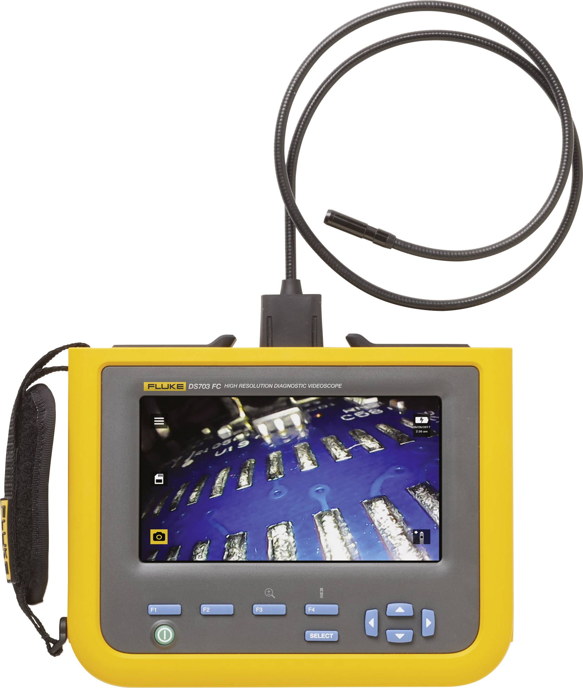 Un dispositif endoscopique jaune avec un moniteur affichant des composants électroniques. Un long tuyau flexible y est raccordé.
