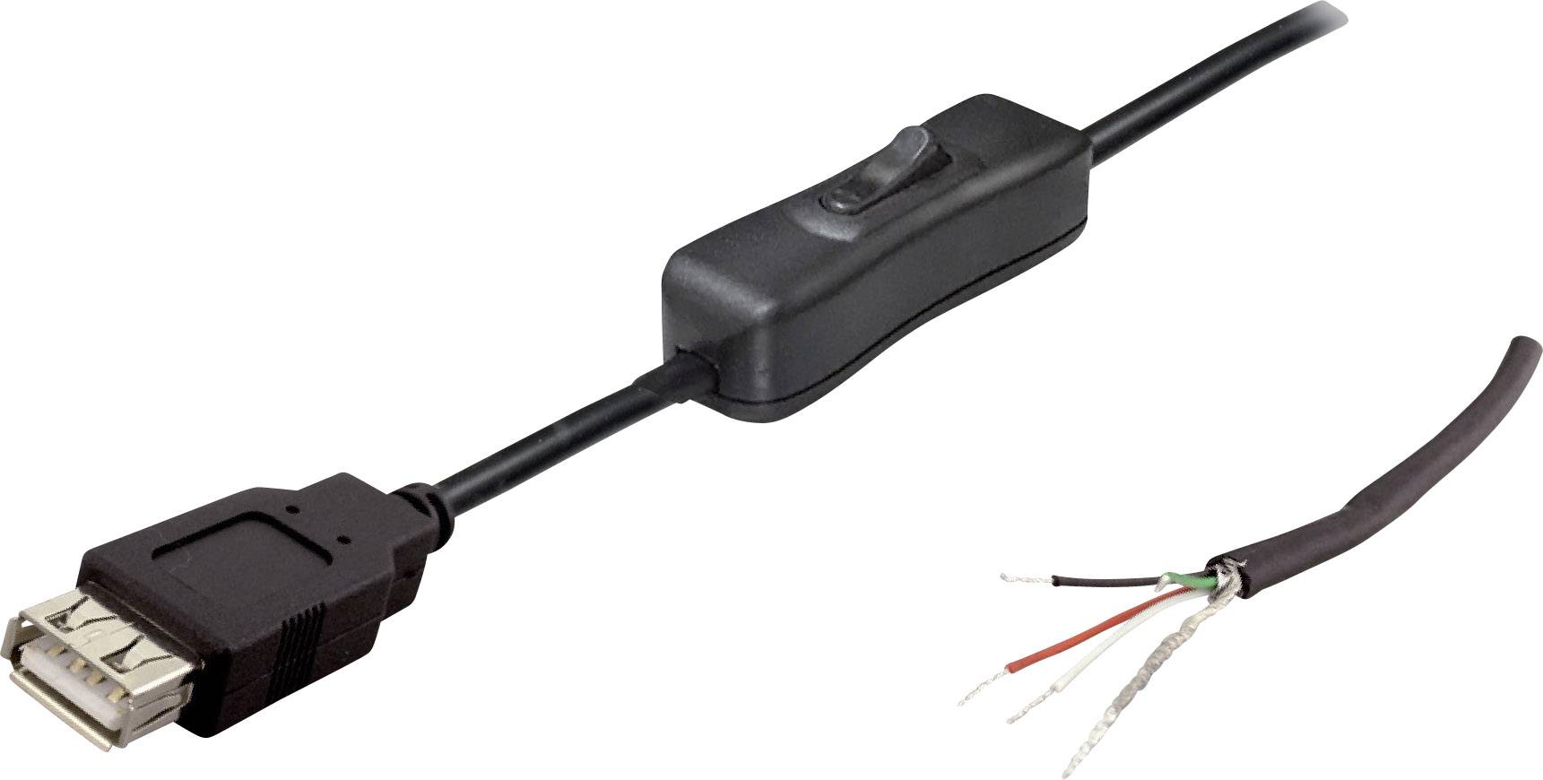 Un câble USB avec un interrupteur sur un côté et des fils nus et non isolés de l'autre côté.