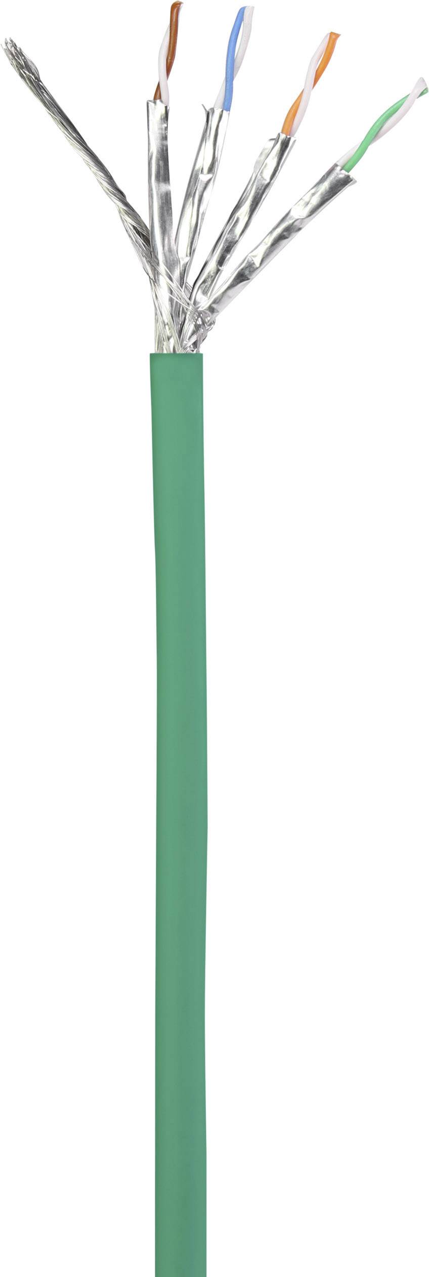 Câble électrique vert avec extrémités dénudées et conducteurs de différentes couleurs visibles, adapté aux projets de câblage.