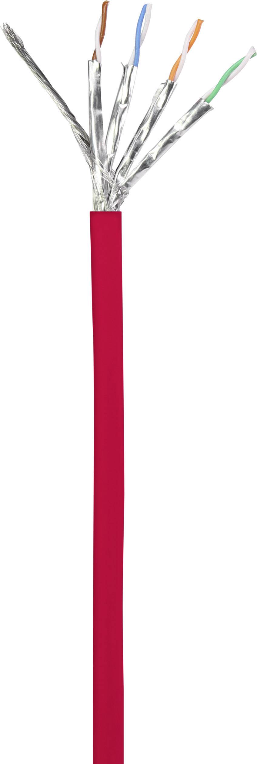 Un câble rouge, blindé, avec plusieurs conducteurs colorés dénudés.