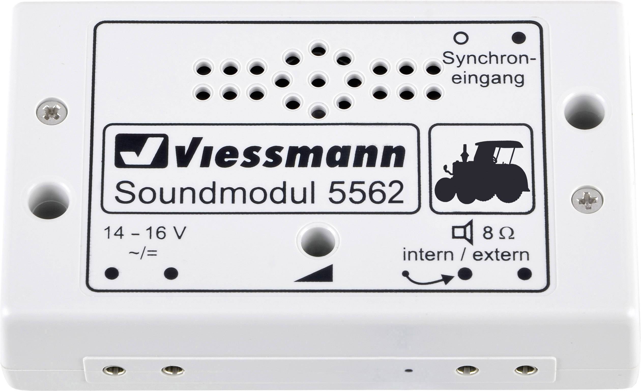 Un module sonore rectangulaire portant l'inscription 'Viessmann Soundmodul 5562' affiche des symboles pour l'entrée de synchronisation et les réglages du haut-parleur.