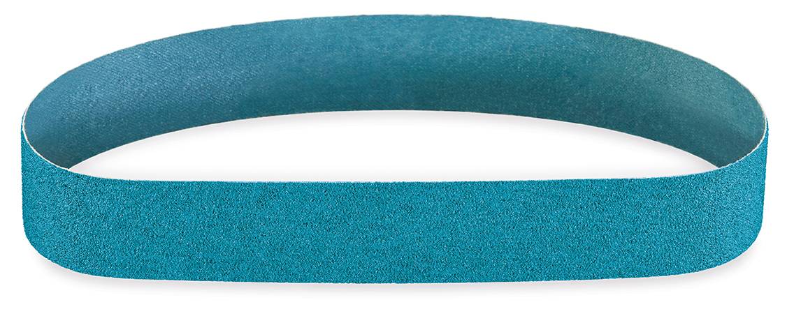 Une bande abrasive bleue de forme ovale, utilisée pour le ponçage fin ou le polissage de surfaces dans des travaux artisanaux.