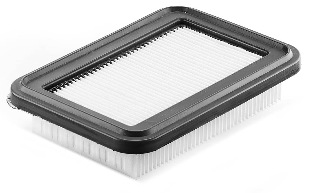 Filtre à air rectangulaire avec un cadre noir et des plis blancs pour purifier l'air dans les machines ou les véhicules.