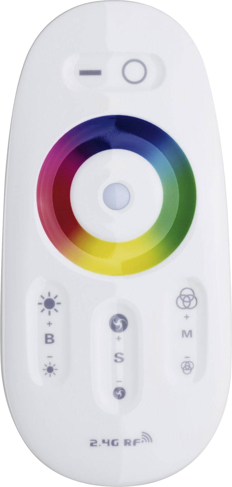 Un contrôleur télécommande sans fil avec molette de réglage colorée pour commander des luminaires LED, incluant une touche de mise en marche et d'arrêt.
