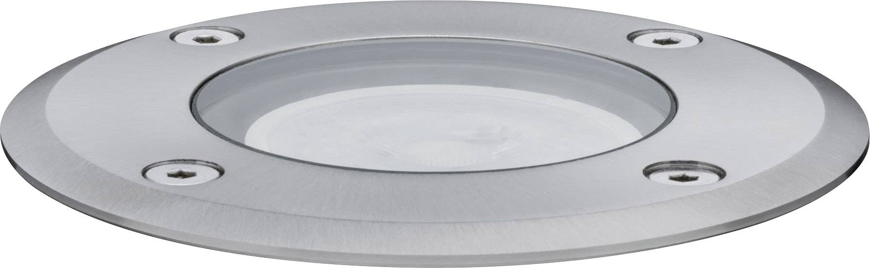 Projecteur de sol en acier inoxydable de forme circulaire, avec quatre vis de fixation apparentes.