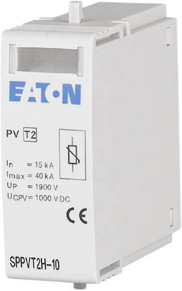 Un appareil de protection contre les surtensions d'Eaton avec des spécifications techniques : Tension nominale 15 kA, tension maximale 40 kA, tension 1900 V, tension continue 1000 V.