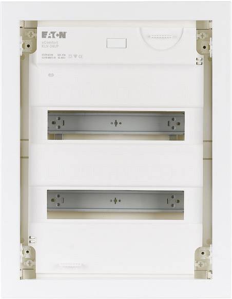'Coffret de distribution électrique blanc d'Eaton sans couvercles, adapté pour l'installation de fusibles électriques et d'appareillages de commutation.'