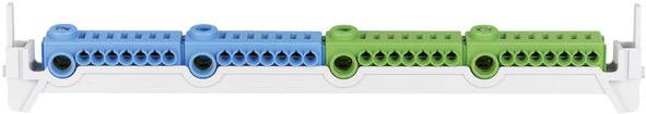 Barrette de bornes électrique avec deux modules bleus et deux modules verts, chacun offrant plusieurs possibilités de connexion, sur un support blanc.
