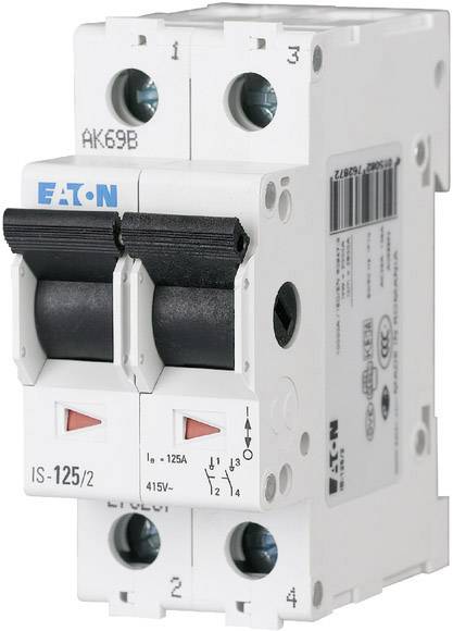 Disjoncteur à deux leviers, étiqueté 'EATON IS-125/2'. Des positions de commutation, des spécifications électriques et des marquages sont visibles.
