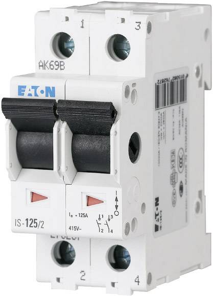 Un disjoncteur bipolaire Eaton, modèle IS-125/2, avec un courant nominal de 125A et une tension de 415V.