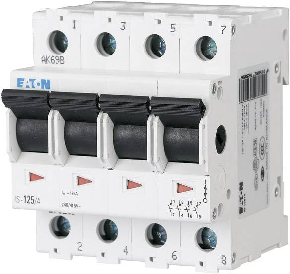 Un disjoncteur tétrapolaire Eaton, modèle IS-125/4, adapté pour 240/415V, 125A.