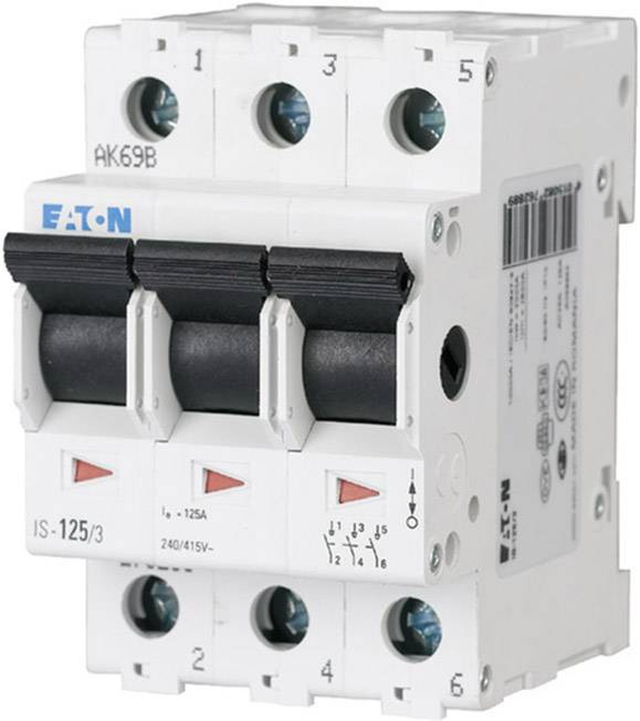 Un disjoncteur tripolaire Eaton (IS-125/3) avec une capacité de commutation de 125A, adapté aux plages de tension 240/415V, convenant aux applications industrielles.