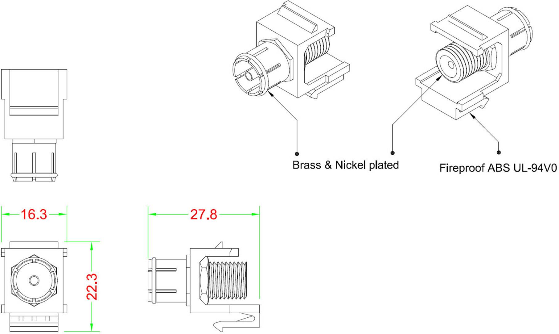 Dessin de deux connecteurs. L'un est nickelé, l'autre en ABS ignifuge UL-94V0. Dimensions : 16,3 x 22,3 mm et 27,8 mm.