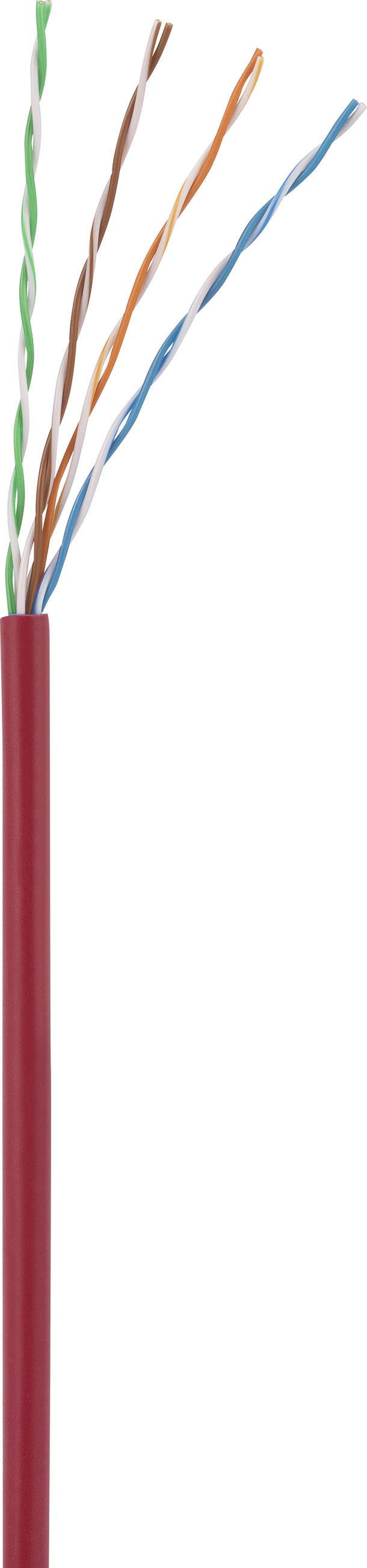 Un câble rouge composé de quatre fils torsadés de couleurs différentes : vert, marron, orange et bleu-blanc.