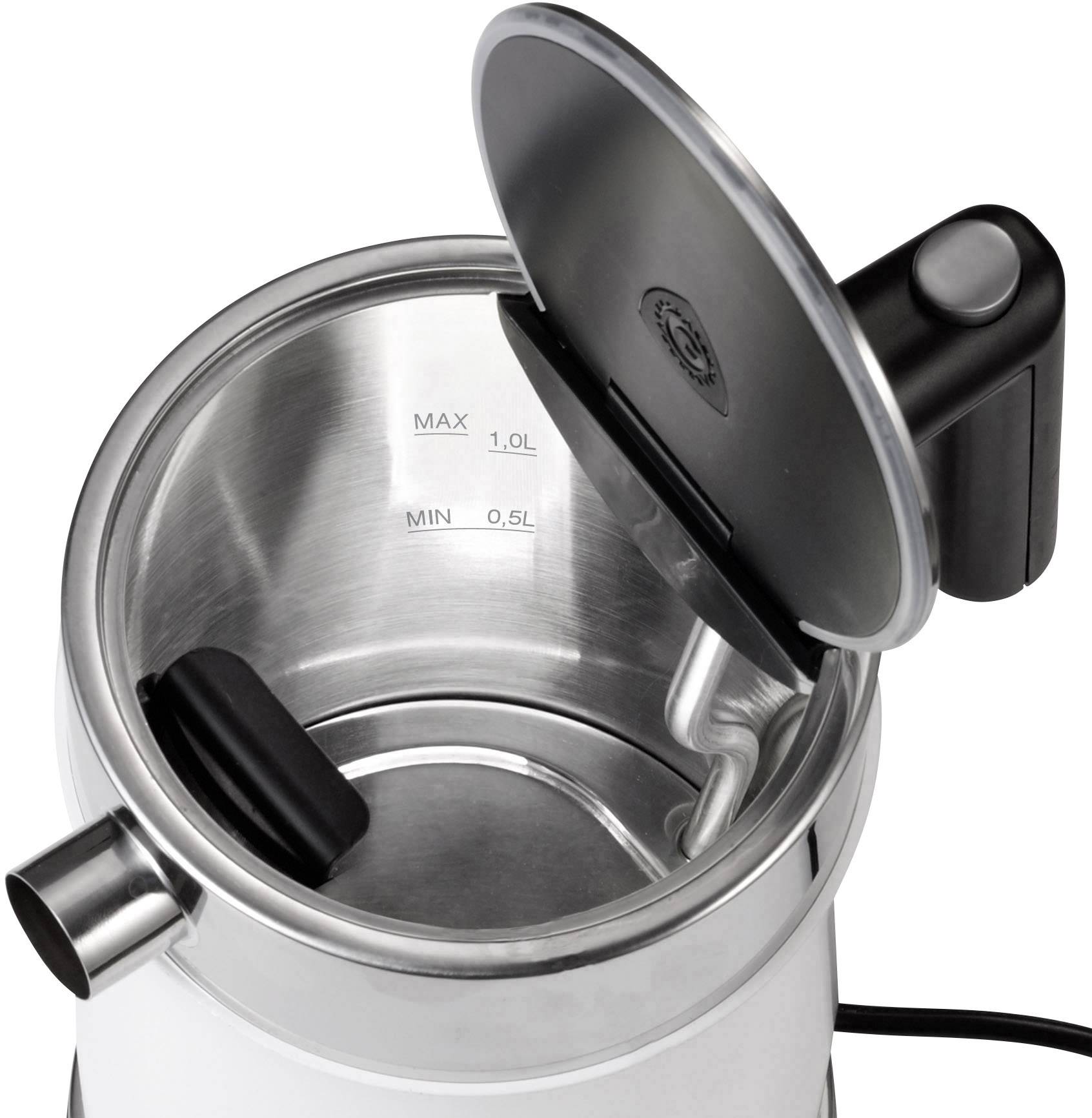 Une bouilloire électrique avec couvercle ouvert, marquage interne pour le niveau maximal (1,0 L) et le niveau minimal (0,5 L).