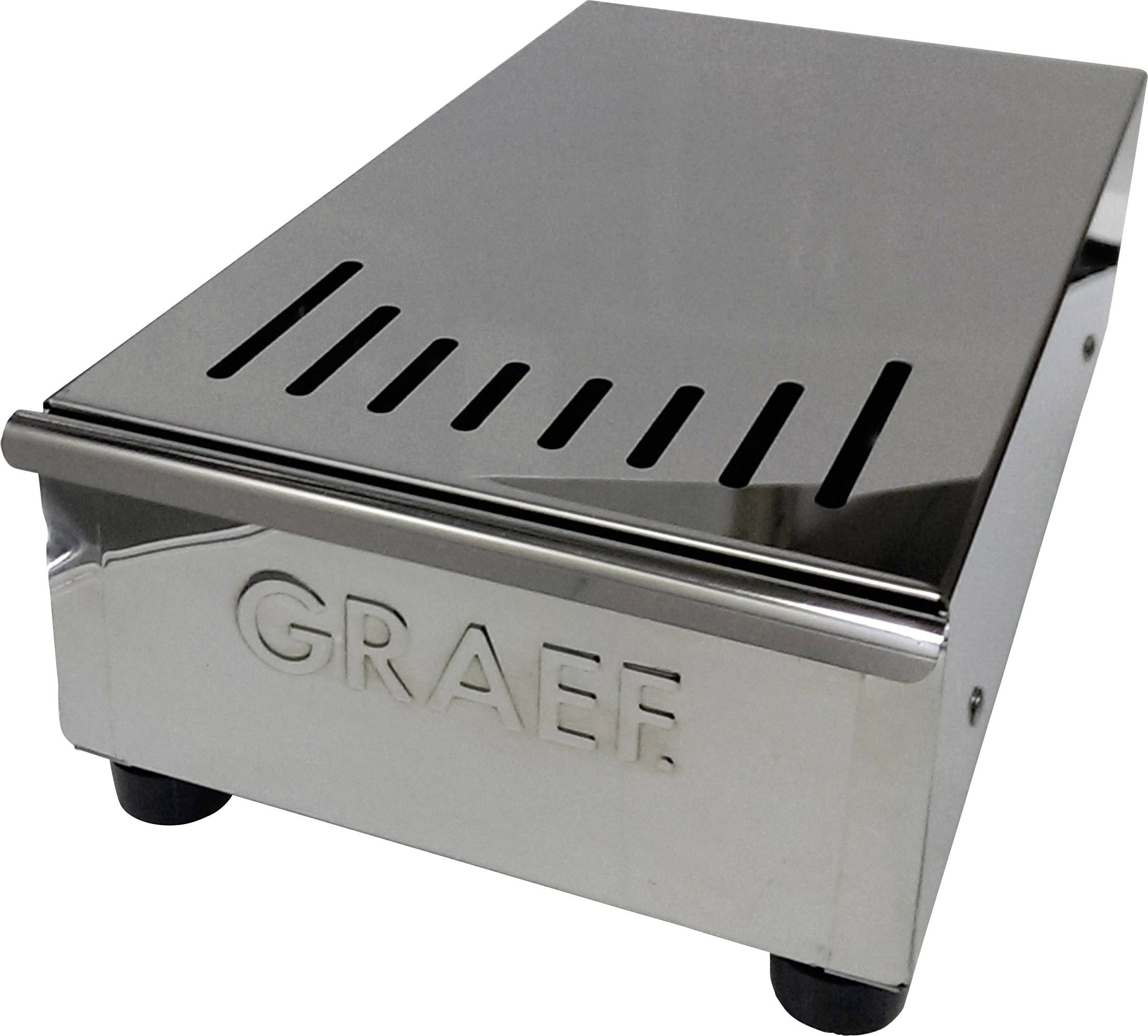 Un insert en acier inoxydable avec le logo 'Graef' sur le côté, adapté à une trancheuse, réfléchit la lumière sur sa surface.