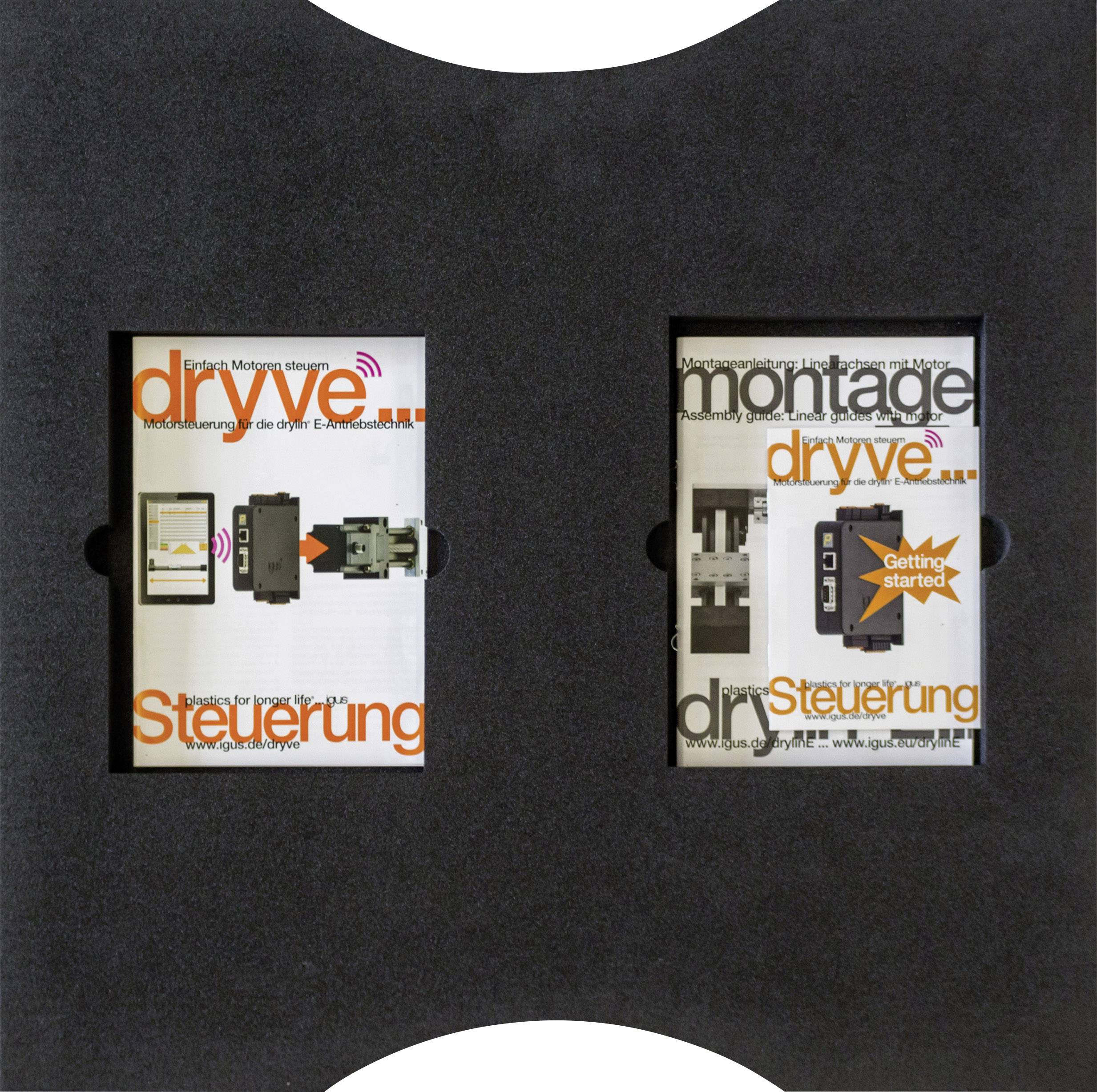 Deux brochures encadrées en noir. À gauche 'commande dryve' avec l'image d'une unité de commande ; à droite 'montage de la commande dryve' avec une étape de montage.
