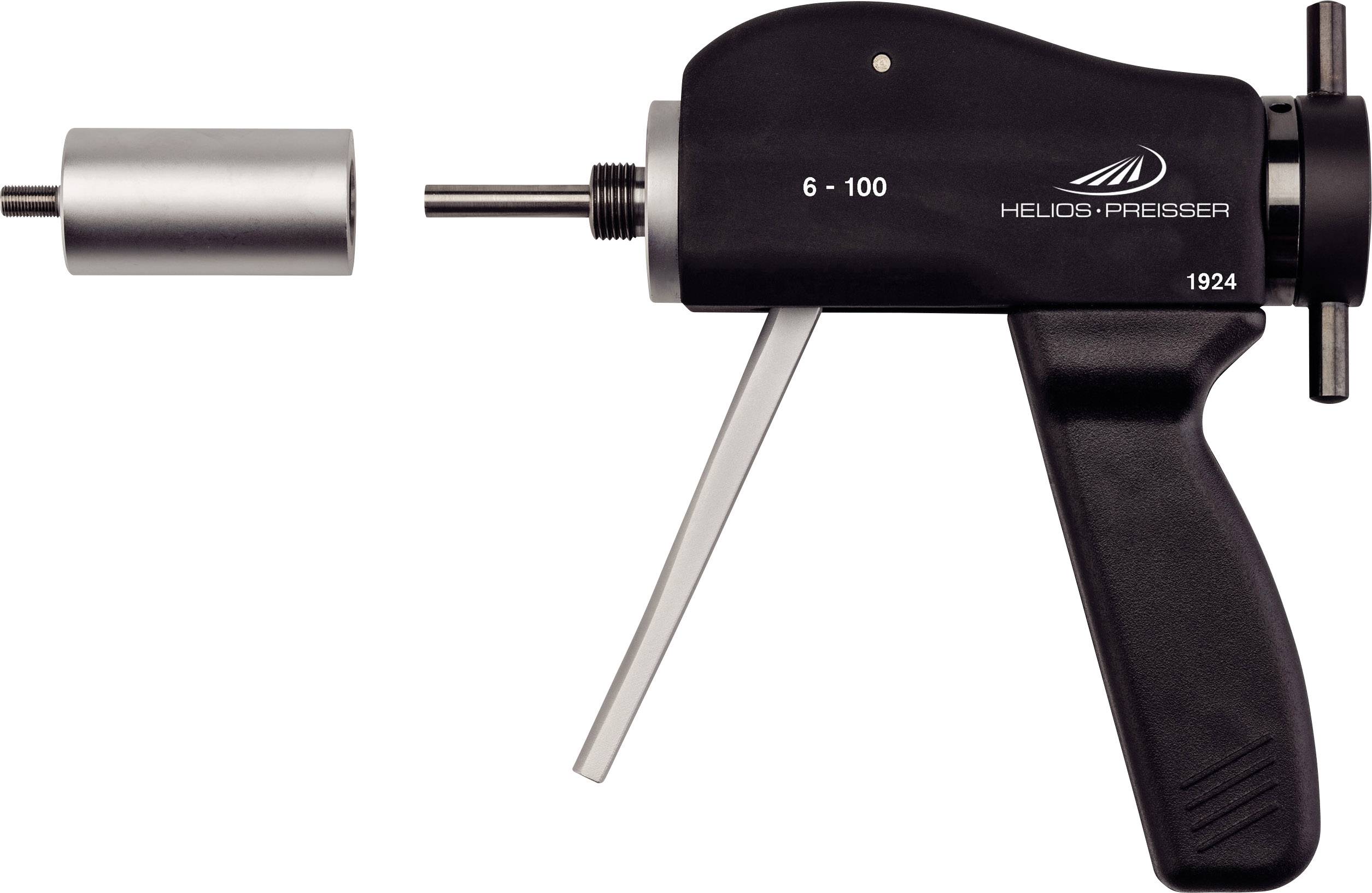 Un pistolet de mesure noir avec un insert cylindrique amovible. Inscription : 'Helios-Preisser', plage de mesure '6 - 100', modèle '1924'.