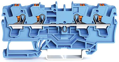Coupe transversale d'une barrette de connexion bleue avec des points de connexion orange, montrant comment les conducteurs électriques sont reliés.