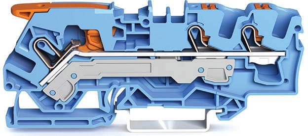 Coupe transversale d'un connecteur électrique bleu avec des contacts métalliques et des éléments d'isolation orange. Illustre la structure interne.