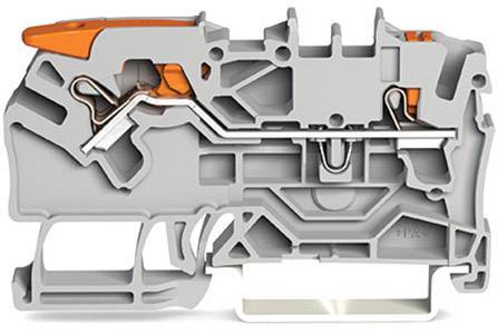 Coupe transversale d'une pièce en plastique grise et orange, probablement un composant technique avec plusieurs connexions et espaces internes.