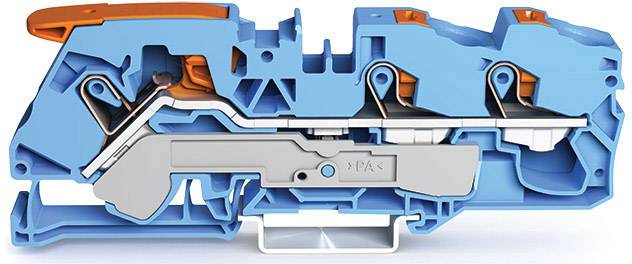 Coupe transversale d'un connecteur électrotechnique bleu et orange avec des bornes à ressort et des composants métalliques internes.
