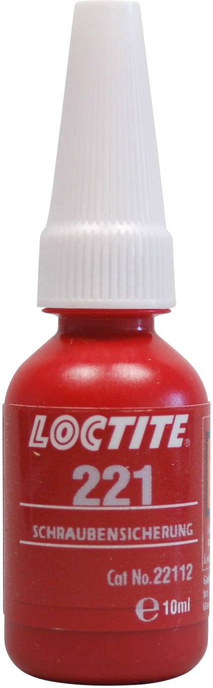 Petit flacon rouge à bouchon blanc, portant l'inscription 'Loctite 221'. Pour sécuriser les vis. Contient 10 ml.