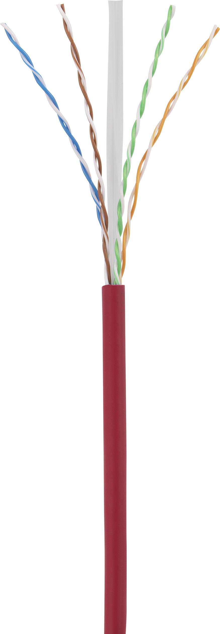 Un câble réseau rouge avec quatre paires de fils torsadés codés par couleur : bleu, vert, orange et marron, représenté sans blindage.