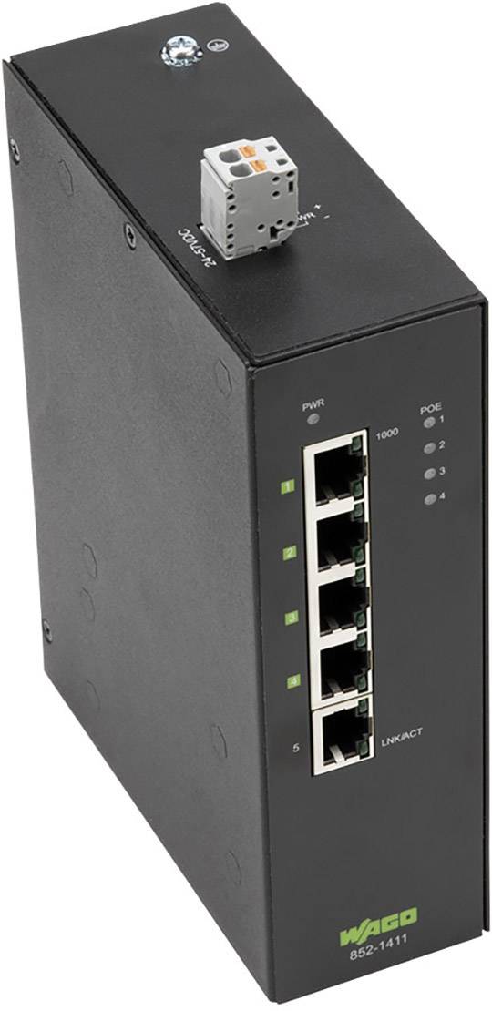 Un commutateur réseau noir avec six ports Ethernet et des voyants LED indiquant le statut et l'activité. Un connecteur gris est situé sur le dessus.