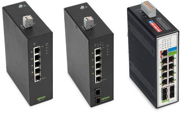 Trois commutateurs réseau industriels, chacun doté de plusieurs ports Ethernet. L'un présente des ports colorés et des indicateurs de statut, tandis que les autres ont un design plus simple.