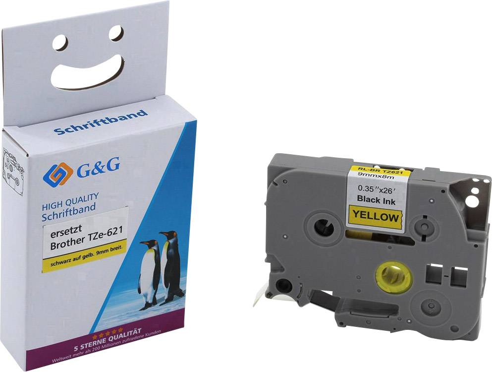 Emballage et cassette d'un ruban d'étiquettes de G&G. Sur l'emballage, il est inscrit 'rubans d'étiquettes de haute qualité' et remplacement pour Brother TZe-621.