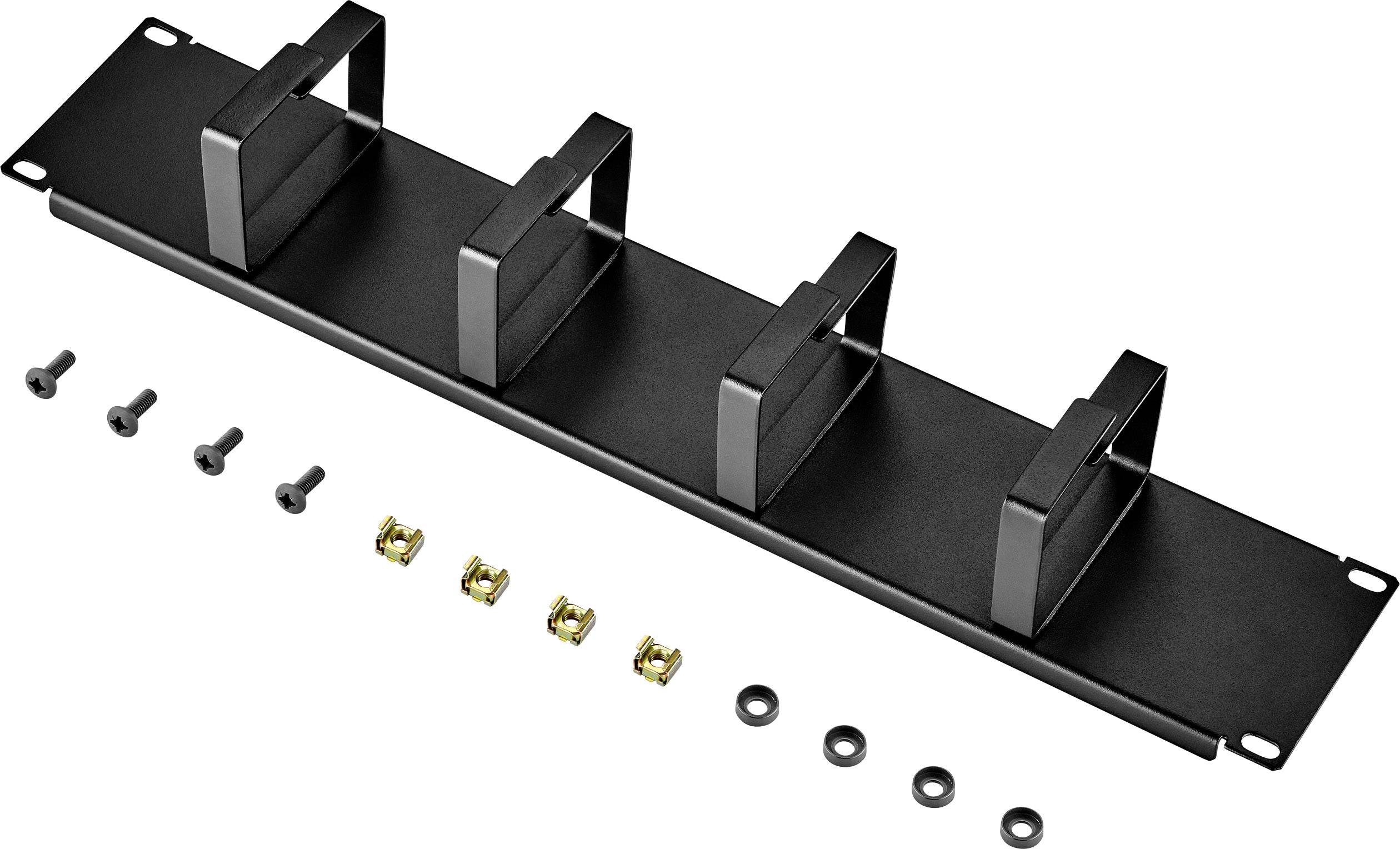Support métallique avec quatre étriers rectangulaires, six vis et écrous, ainsi que six rondelles pour l'organisation des câbles.