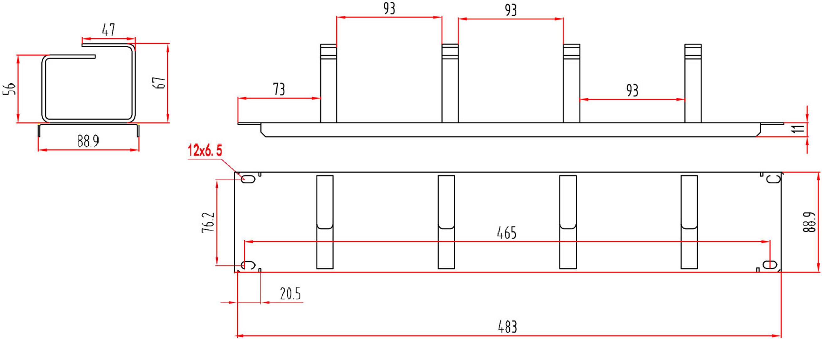 Dessin technique d'un profilé métallique avec dimensions. Profil en forme de U à gauche, quatre supports verticaux à droite, dimensions diverses indiquées.