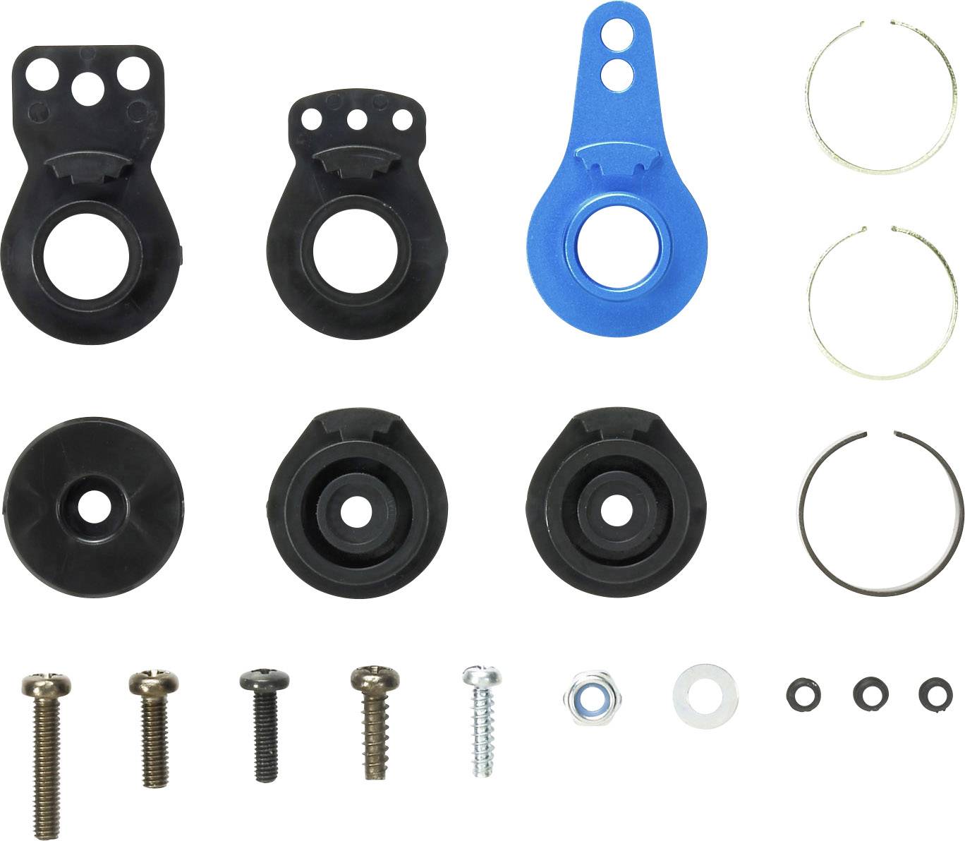 Une variété de vis, d'éléments de fixation et de joints, de différentes formes et tailles, disposés à plat.