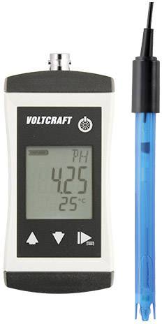 Appareil de mesure de pH avec affichage numérique indiquant un pH de 4,25 et une température de 25°C. Électrode bleue connectée.