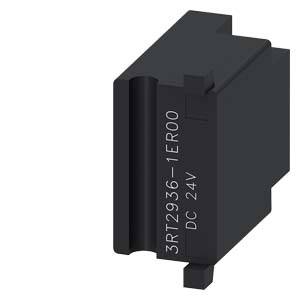 Module relais noir, rectangulaire, portant l'inscription '3RT2936-1ER00 DC 24V', illustrant un composant technique pour applications électroniques.
