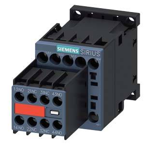 Un contacteur électrique noir avec plusieurs emplacements d'entrée et de sortie, représenté sous un angle, portant le nom de marque 'Siemens SIRIUS'.