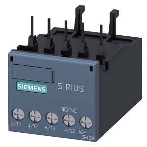 Un relais de commutation Siemens Sirius dans un boîtier noir, avec plusieurs bornes de connexion et des étiquettes pour les connexions électriques.
