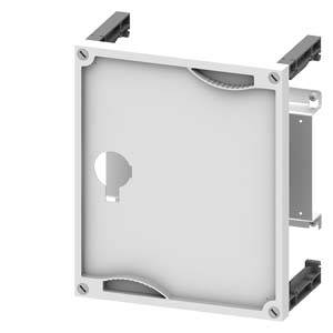 Un boîtier métallique rectangulaire avec des trous de vis dans les coins et une découpe circulaire au centre.