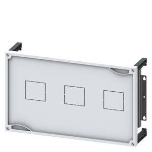 Cadre métallique avec trois ouvertures carrées, composant possible pour installations électriques ou entrées de boîtiers.