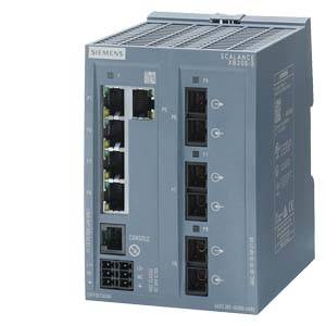 Appareil réseau Siemens, modèle Scalance XB006, montrant les connexions pour câbles Ethernet, adapté aux applications industrielles.