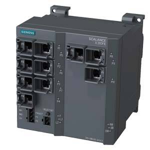 Un commutateur Ethernet Siemens Scalance X308-2 noir avec plusieurs ports et voyants d'état.