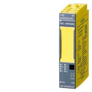 Module de sécurité jaune avec étiquette 'F-DQ 4x24VDC/2A P1', équipé d'un affichage intégré et de plusieurs connexions sur le côté.