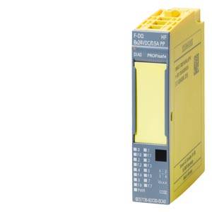 Appareil électronique jaune, étiquette 'F-DQ 8x24VDC/0.5A PP', utilisé dans les systèmes de commande industriels.