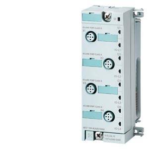 Module électrique avec plusieurs entrées et sorties, montrant des ports dans des zones bleues et grises. Étiquette de marque visible en bas à droite.