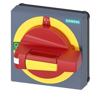 Un bouton d'arrêt d'urgence Siemens rouge et carré, avec une base jaune, monté sur un boîtier gris.