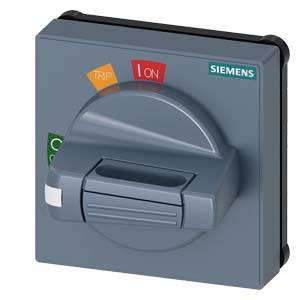 Un commutateur rotatif gris Siemens avec les positions 'TRIP', 'ON', 'OFF', pourvu de marquages colorés pour chaque position.