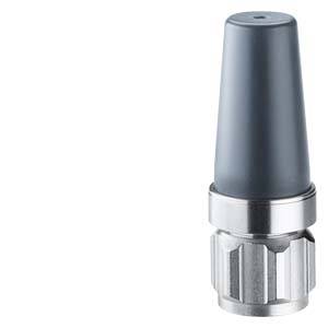 Un adaptateur d'antenne gris avec un filetage métallique, debout verticalement. Adapté pour la connexion à des appareils de communication.