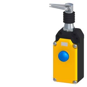 Interrupteur avec levier et boîtier jaune, bouton bleu au centre ; design industriel, adapté pour le contrôle de machines.